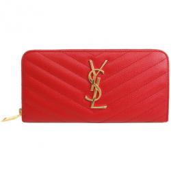 مملوكة مسبقًا Saint Laurent Red Leather Monogram Zip Around Wallet