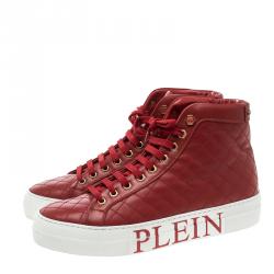 Pre Owned Philipp Plein Red Quilted Leather High Top Sneakers Size 38