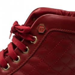 Pre Owned Philipp Plein Red Quilted Leather High Top Sneakers Size 38