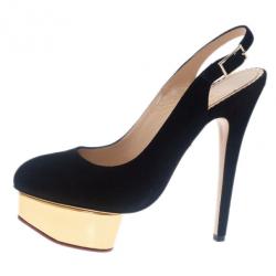 Pre Owned Charlotte Olympia Black Suede Dolly Platform Slingback Sandals Size 36.5