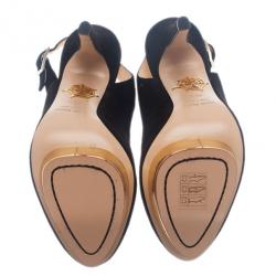 Pre Owned Charlotte Olympia Black Suede Dolly Platform Slingback Sandals Size 36.5