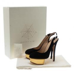 Pre Owned Charlotte Olympia Black Suede Dolly Platform Slingback Sandals Size 36.5