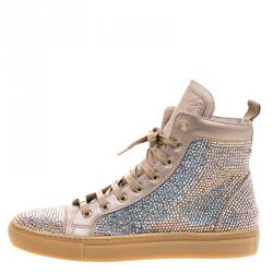 Pre Owned Le Silla Metallic Beige Crystal Embellished Leather High Top Sneakers Size 37