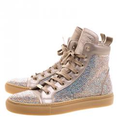 Pre Owned Le Silla Metallic Beige Crystal Embellished Leather High Top Sneakers Size 37