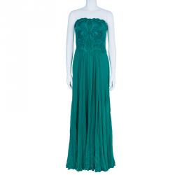 Pre Owned Tadashi Shoji Zardozi Embroidered Green Empire Waist Gathered Gown M