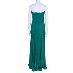 Pre Owned Tadashi Shoji Zardozi Embroidered Green Empire Waist Gathered Gown M