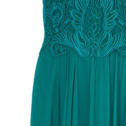 Pre Owned Tadashi Shoji Zardozi Embroidered Green Empire Waist Gathered Gown M