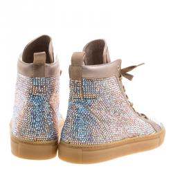 Pre Owned Le Silla Metallic Beige Crystal Embellished Leather High Top Sneakers Size 37