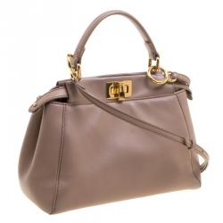 Pre Owned Fendi Beige Leather Mini Peekaboo Top Handle Bag