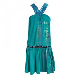 John Galliano Kids Aqua Blue Printed Cotton Halter Dress 10 Yrs