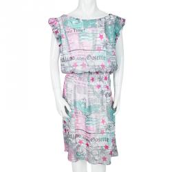 John Galliano Kids Multicolor Gazette Print Gathered Waist Dress 14Yrs