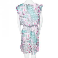 John Galliano Kids Multicolor Gazette Print Gathered Waist Dress 14Yrs