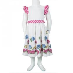 Monnalisa White Cotton Ruffle Detail Belted Floral Embroidered Dress 6 Yrs