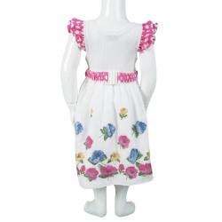 Monnalisa White Cotton Ruffle Detail Belted Floral Embroidered Dress 6 Yrs