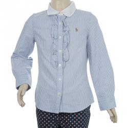 Pre Owned Ralph Lauren White and Blue Striped Cotton Ruffle Detail Long Sleeve Shirt 6 Yrs