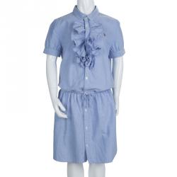 Pre Owned Ralph Lauren Blue Ruffle Detail Buttondown Cotton Dress 14 Yrs
