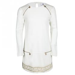 Pre Owned Young Versace White Knit Gold Studded Zip Detail Long Sleeve Dress XXS / 8 Yrs