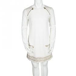 Pre Owned Young Versace White Knit Gold Studded Zip Detail Long Sleeve Dress XXS / 8 Yrs