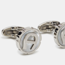 Pre Owned Aigner Logo Mother of Pearll Stainless Steel Cufflinks
