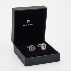 Pre Owned Aigner Logo Mother of Pearll Stainless Steel Cufflinks
