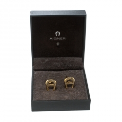 Pre Owned Aigner Logo Crystal Gold Tone Cufflinks