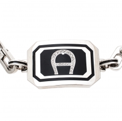 Pre Owned Aigner Black Enamel Crystal Studded Silver Tone Bracelet