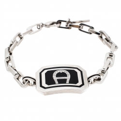 Pre Owned Aigner Black Enamel Crystal Studded Silver Tone Bracelet