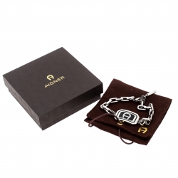 Pre Owned Aigner Black Enamel Crystal Studded Silver Tone Bracelet