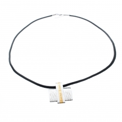 Pre Owned Aigner Two Tone Metal Logo Engraved Pendant Cord Necklace