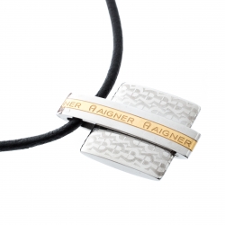 Pre Owned Aigner Two Tone Metal Logo Engraved Pendant Cord Necklace