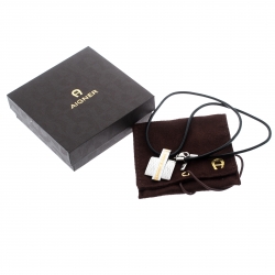 Pre Owned Aigner Two Tone Metal Logo Engraved Pendant Cord Necklace