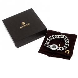 Pre Owned Aigner Stainless Steel Black Enamel Compass Bracelet 18 cm