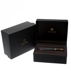 Pre Owned Aigner Logo Embossed Black Resin Gold Tone Rollerball Pen