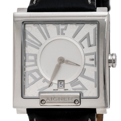 Pre Owned Aigner Silver Stainless Steel Leather Torino A27000 Men's Wristwatch 36 mm