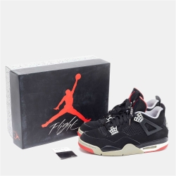 Pre Owned Nike Air Jordans 4 Retro Bred Black Faux Suede High Top Sneakers Size 44