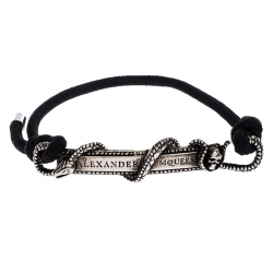Alexander McQueen Silver Tone Logo Skull Snake Bar Bracelet