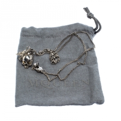Pre Owned Alexander McQueen Silver Tone Raven And Skull Pendant Necklace