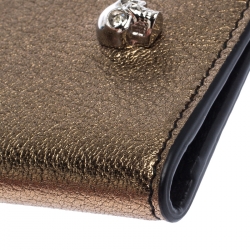 Pre Owned Alexander McQueen Gold Leather Skull Bifold Card Holder