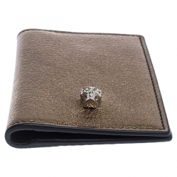 Pre Owned Alexander McQueen Gold Leather Skull Bifold Card Holder