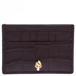 Pre Owned Alexander McQueen Dark Burgundy Crocodile Embossed Leather Skull Card Holder