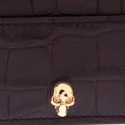 Pre Owned Alexander McQueen Dark Burgundy Crocodile Embossed Leather Skull Card Holder