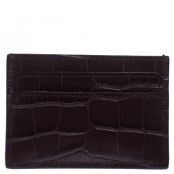 Pre Owned Alexander McQueen Dark Burgundy Crocodile Embossed Leather Skull Card Holder