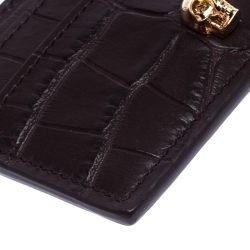 Pre Owned Alexander McQueen Dark Burgundy Crocodile Embossed Leather Skull Card Holder
