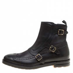 Pre Owned Alexander McQueen Black Brogue Leather Wingtip Buckle Biker Boots Size 44