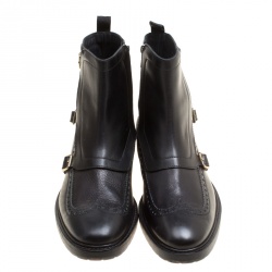 Pre Owned Alexander McQueen Black Brogue Leather Wingtip Buckle Biker Boots Size 44