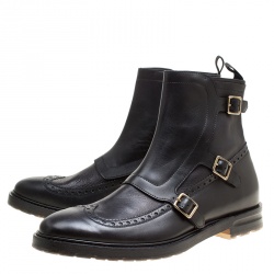 Pre Owned Alexander McQueen Black Brogue Leather Wingtip Buckle Biker Boots Size 44