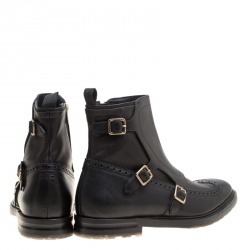 Pre Owned Alexander McQueen Black Brogue Leather Wingtip Buckle Biker Boots Size 44