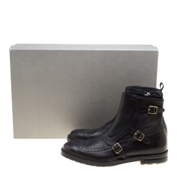 Pre Owned Alexander McQueen Black Brogue Leather Wingtip Buckle Biker Boots Size 44