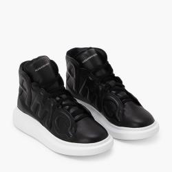 مملوكة مسبقًا Alexander McQueen Black Leather Maxi Logo High-Top Sneakers Size EU 45