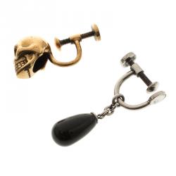 Alexander McQueen Gold Tone Skull & Silver Tone Black Drop Set of 2 Earrings 